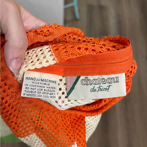 Vintage Chateau Du Tricot Mod Knit Mesh Top 70s Color Block Orange Green Cream 7 - Picture 11 of 11